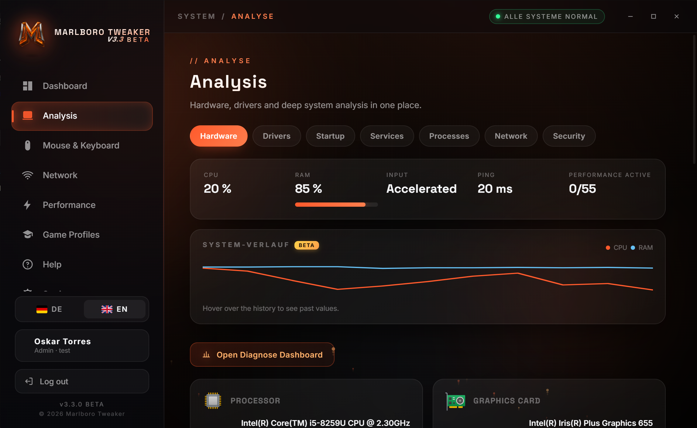 Marlboro Tweaker analysis view with hardware, driver, startup, service, process, network and security tabs