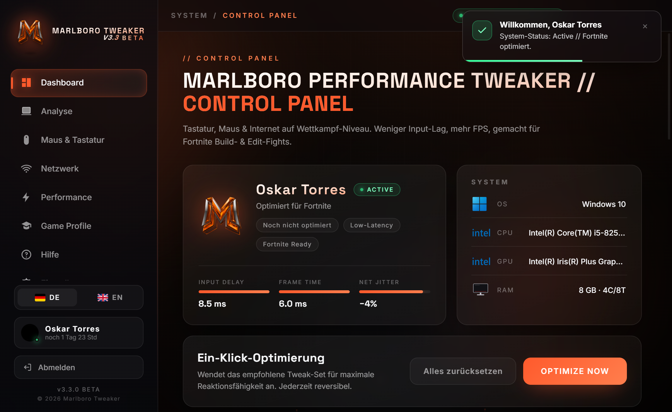 Screenshot of the Marlboro Tweaker desktop app control panel with live input delay, frame time and net jitter readouts