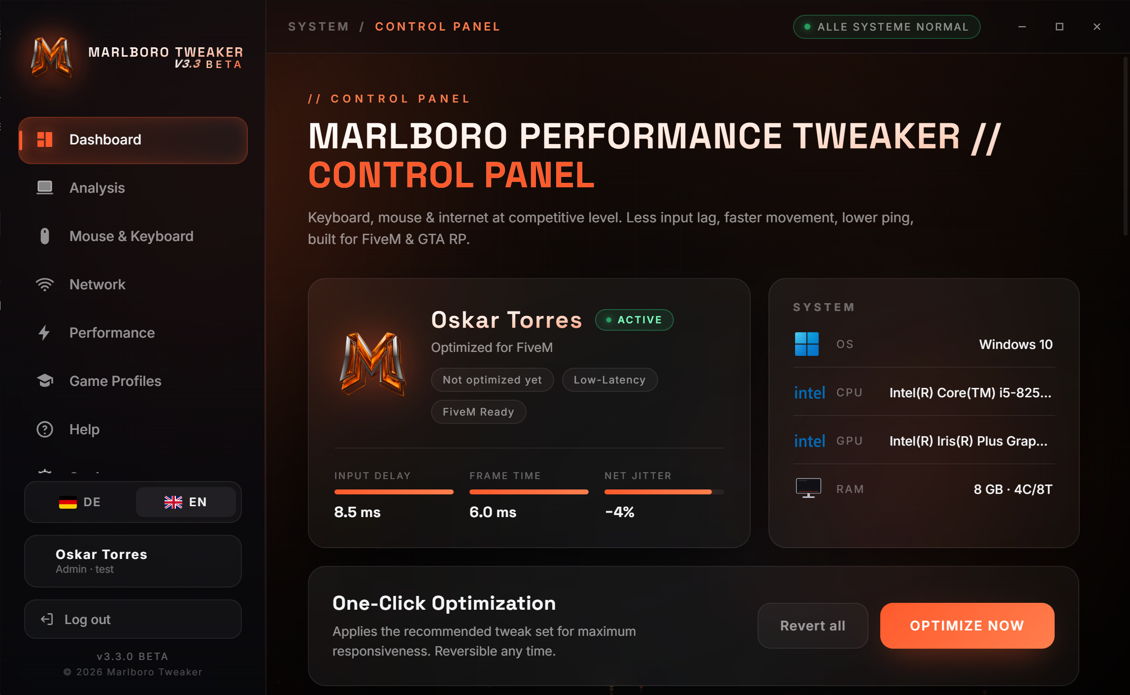 Marlboro Tweaker desktop app dashboard showing live input delay, frame time and jitter readouts