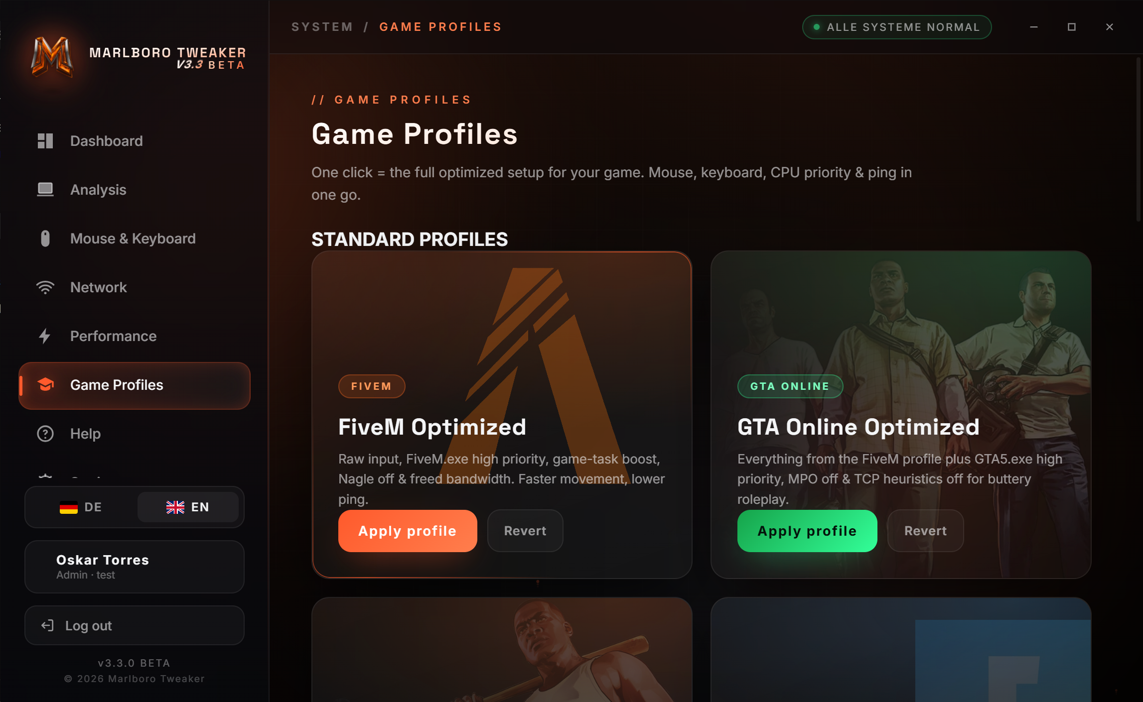 Marlboro Tweaker game profile selector for FiveM and GTA Online with one-click optimization