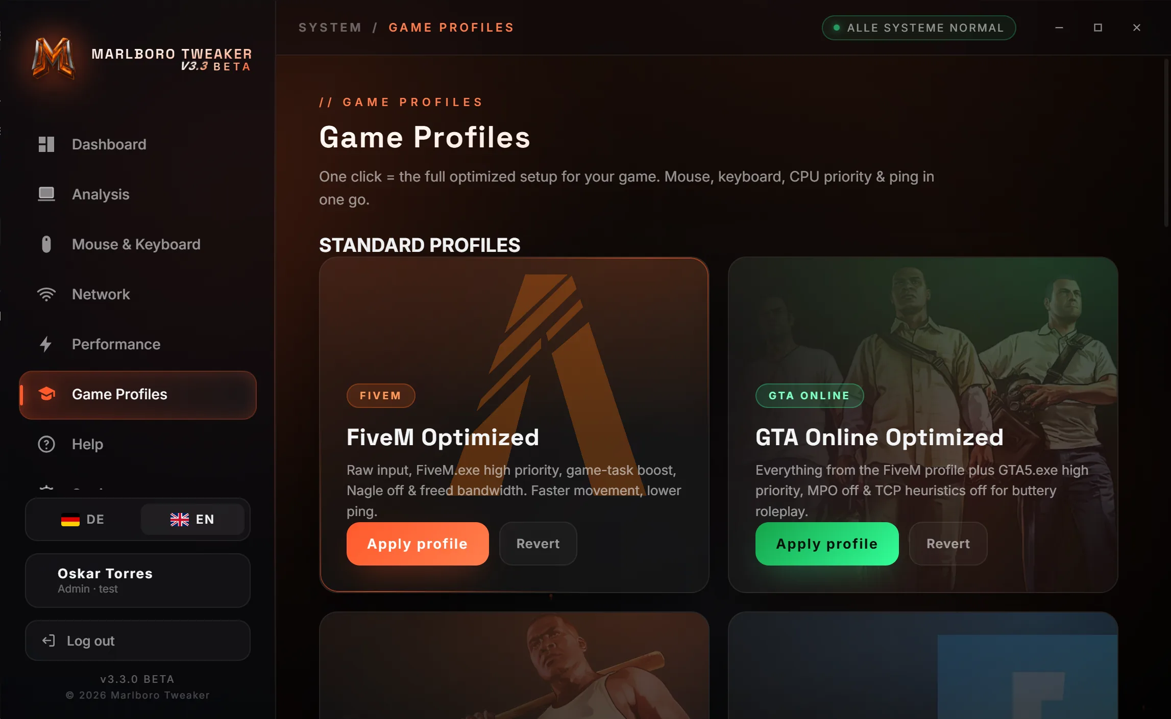 Marlboro Tweaker game profile selector for FiveM and GTA Online with one-click optimization